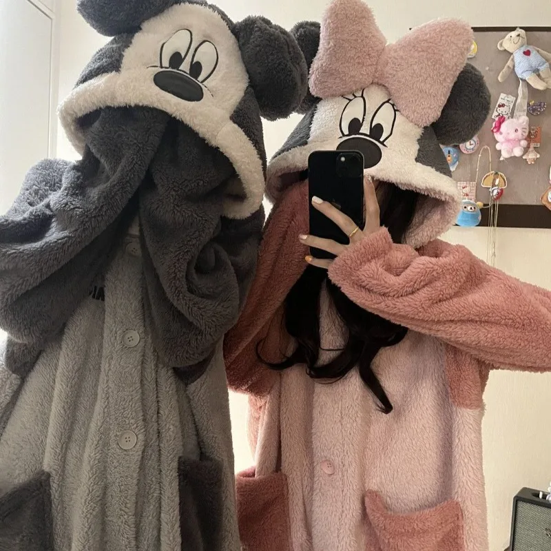 

Пижамы для пар из кораллового флиса с милым рисунком Микки Диснея, теплый осенне-зимний халат из студенческого флиса, домашняя одежда, праздничный подарок