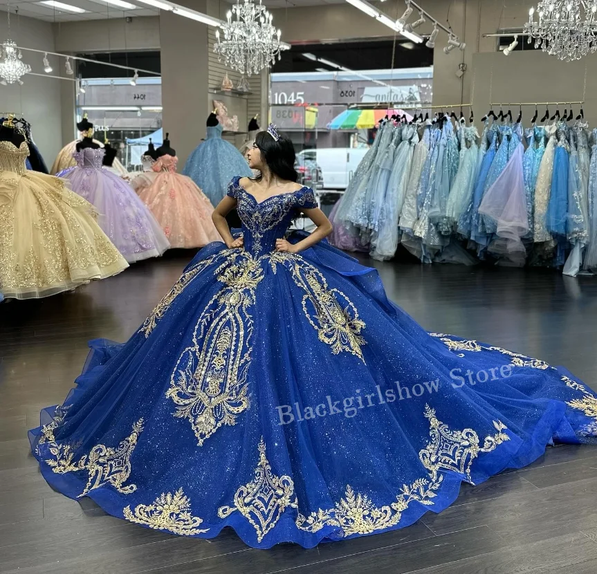 Treasure Blue Luxury Quinceanera Dresses Glitter Off Shoulder Cathedral Train Appliqué Beaded Mexican robe princesse