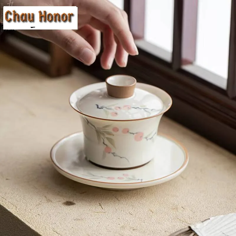 

150ml Hand Drawn Persimmon Cover Bowl Underglaze Color Sancai Tea Tureen Anti-scald Horseshoe Gaiwan Boutique Tea Brewing Gifts