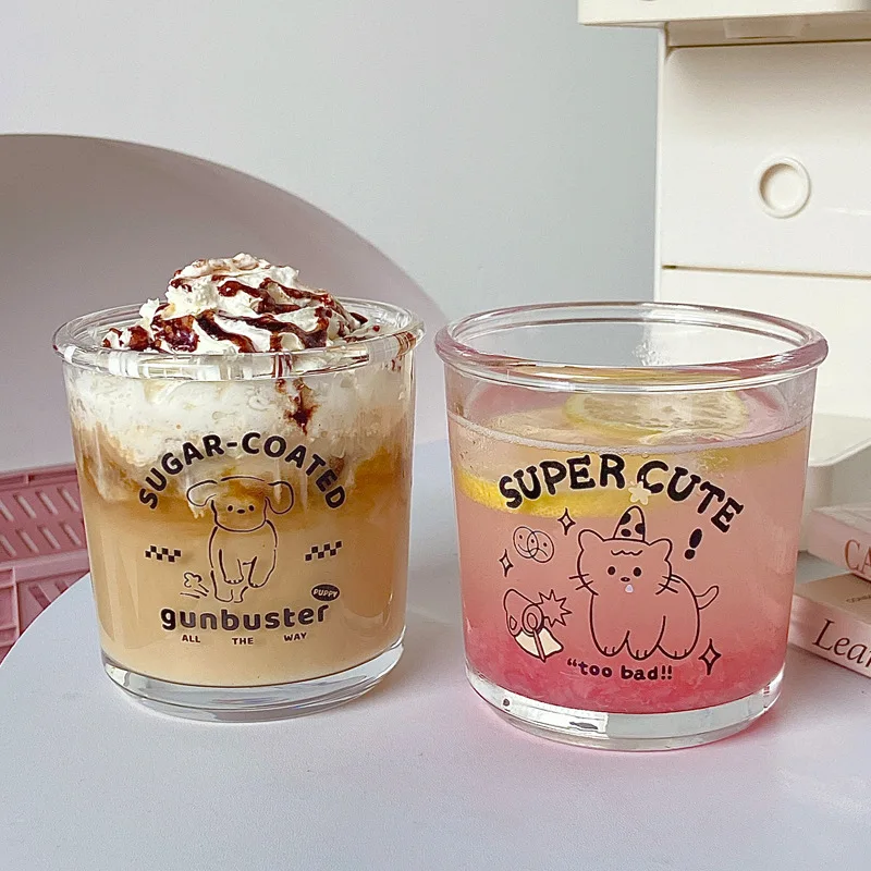 Cute Glass Cup Cold Extract Coffee Dessert Korean INS Style Simple Cartoon Letter Printing Daily Work Life Drinking Cup