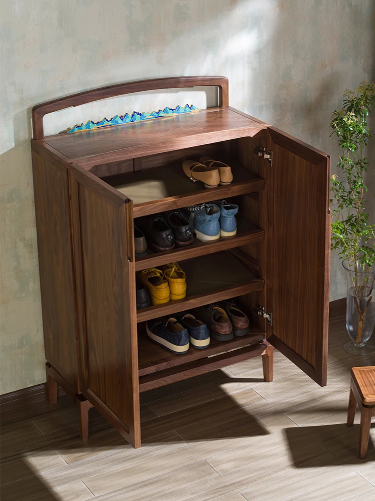 Black walnut solid wood home foyer shoe cabinet, light luxury and simple new Chinese style furniture cabinet