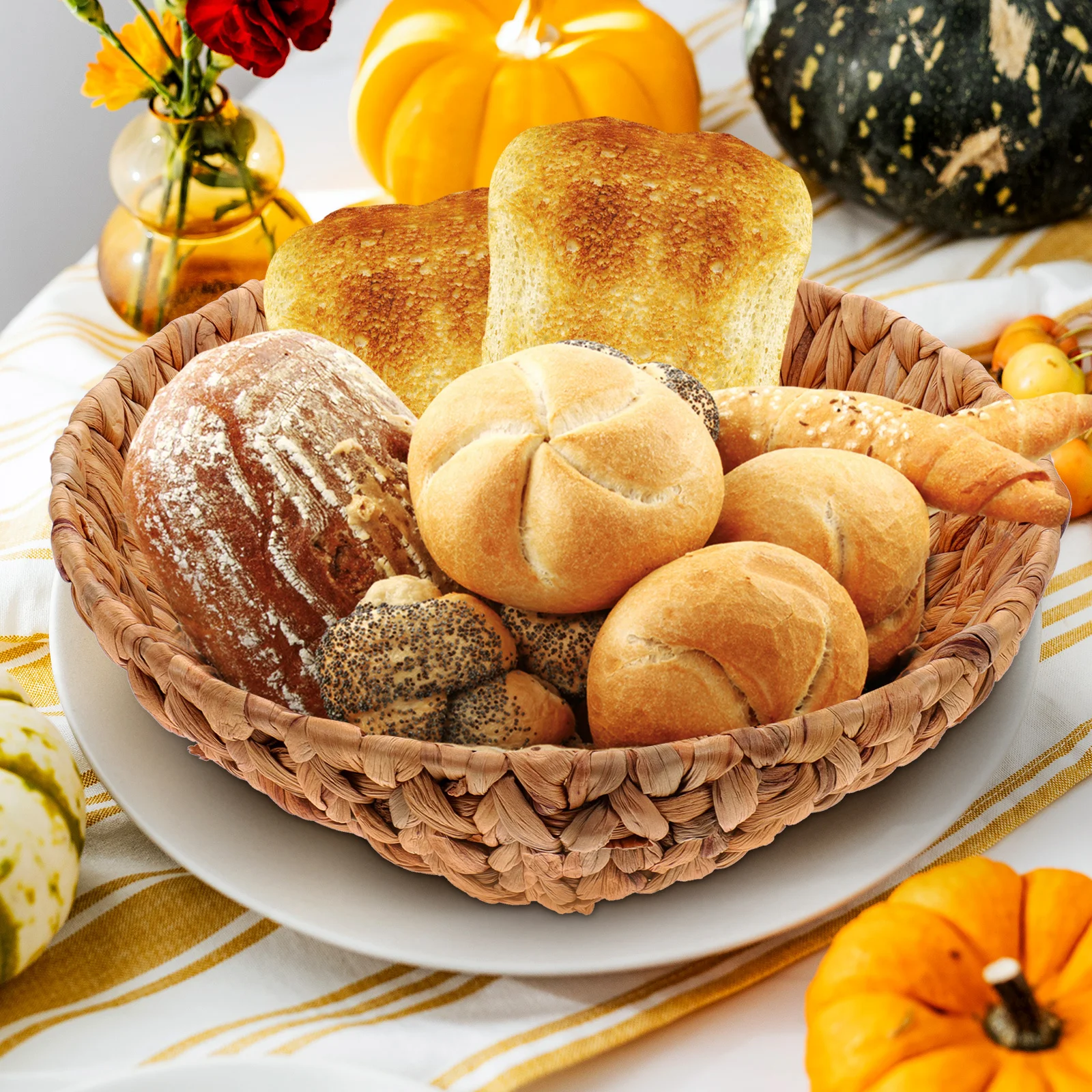 

Woven Round Storage Basket Handmade Snack Fruit Tray Bread Organizer Desktop Sundries Container