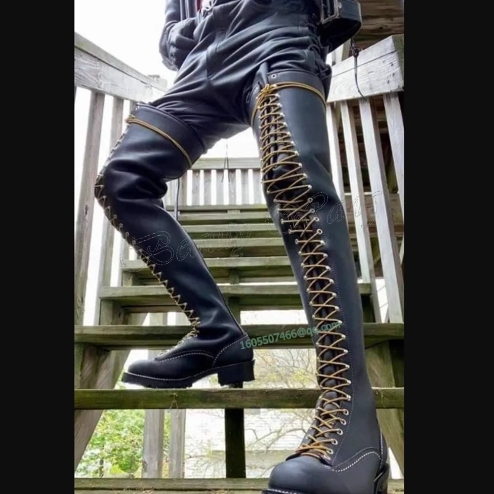 

Yellow Front Rope Cross Tied Boots Black Thigh High Square Heel Shoes for Men Low Heels Shoes New Arrival Zapatos Para Mujere