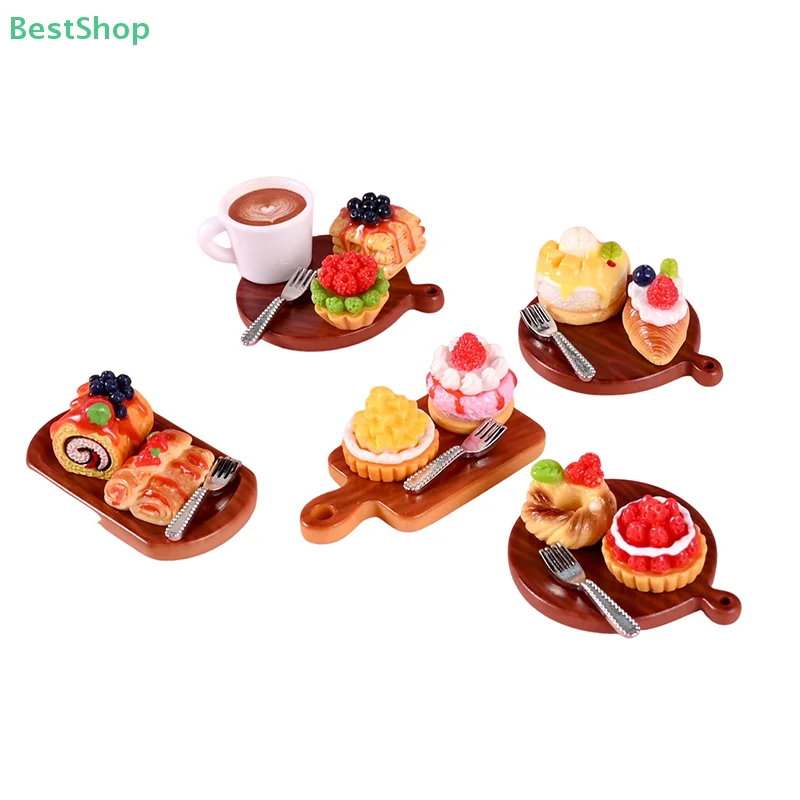♥Doll House Mini Kitchen Cake And Dessert Set, Mini Food Toy Scene Props With Accessories Pretend Play Toys