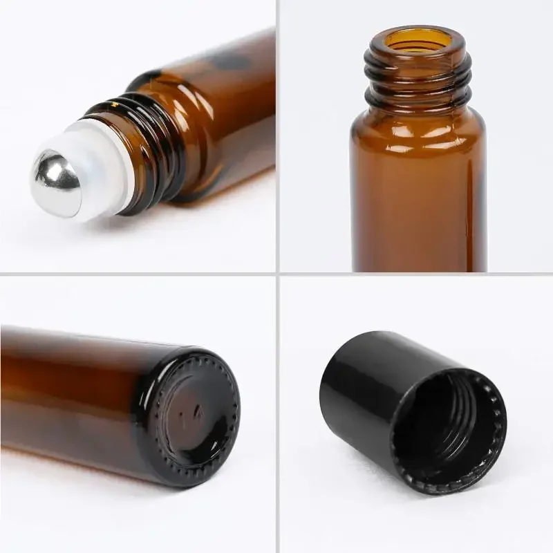 5 unidades/pacote 1ml 2ml 3ml 5ml 10ml garrafas de vidro colorido rolo amostra teste frascos de óleo essencial com rolo bola de metal