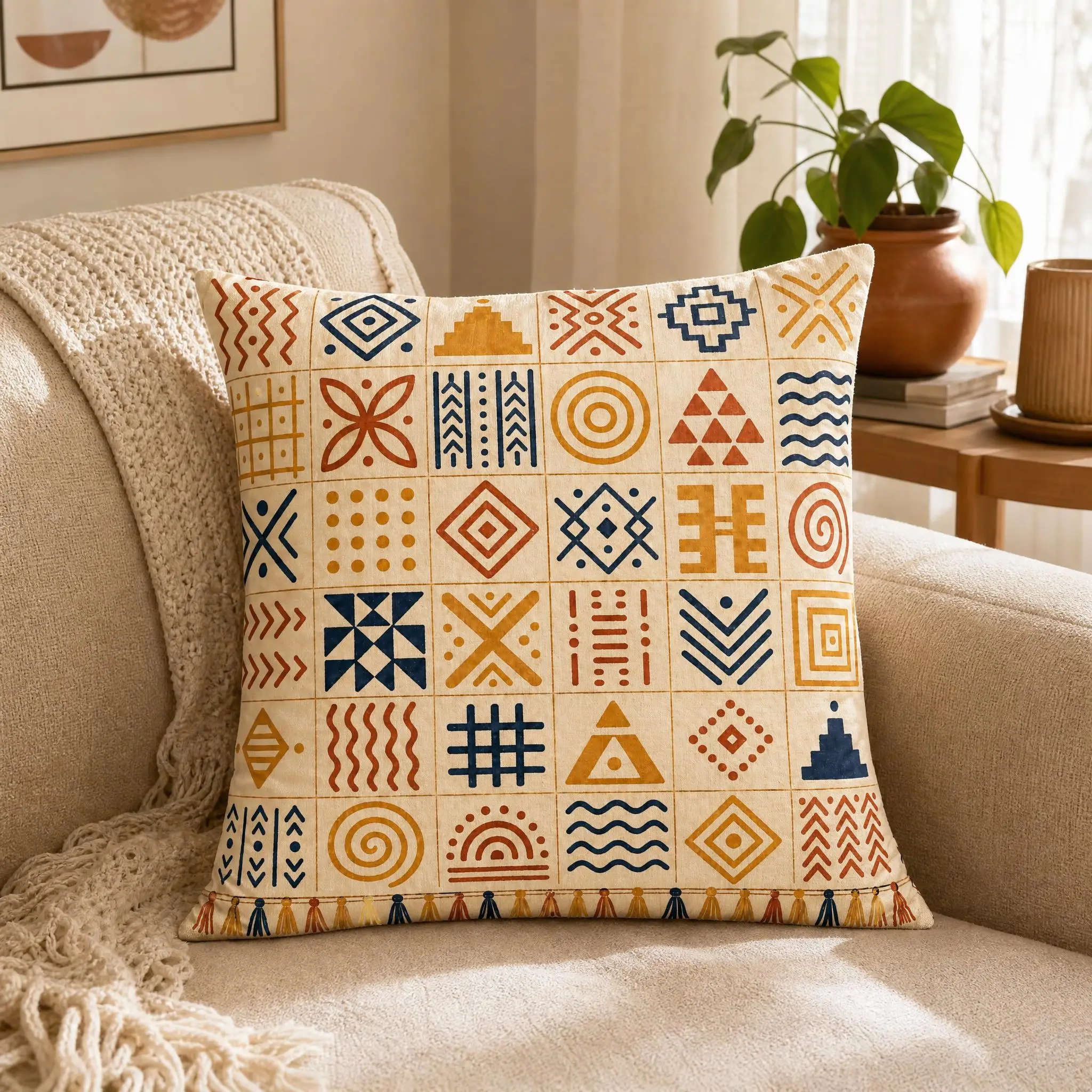 Tribal Geometric Grid Pattern Pillow Cover, Suitable For Sofa Bedroom Decoration, Unique Holiday Gift