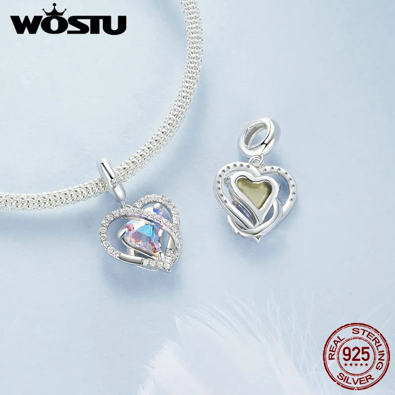 WOSTU 925 Sterling Silver Vintage Pink Heart Charm Square Green Mainstone Pendant Car Beads Fit Original Bracelet for Women DIY