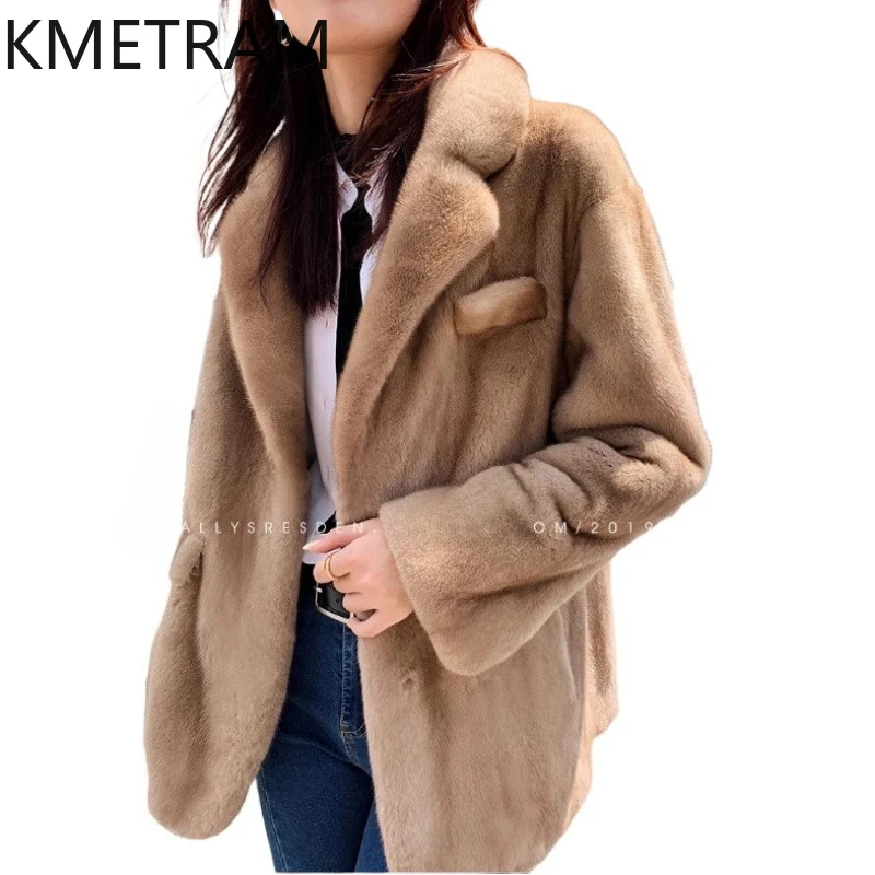 KMETRAM 100% Velvet Mink Fur Jacket Woman Fashion Blazer-style Collar Real Fur Coat New Arrivals Winter Women Clothing 2025 шуба