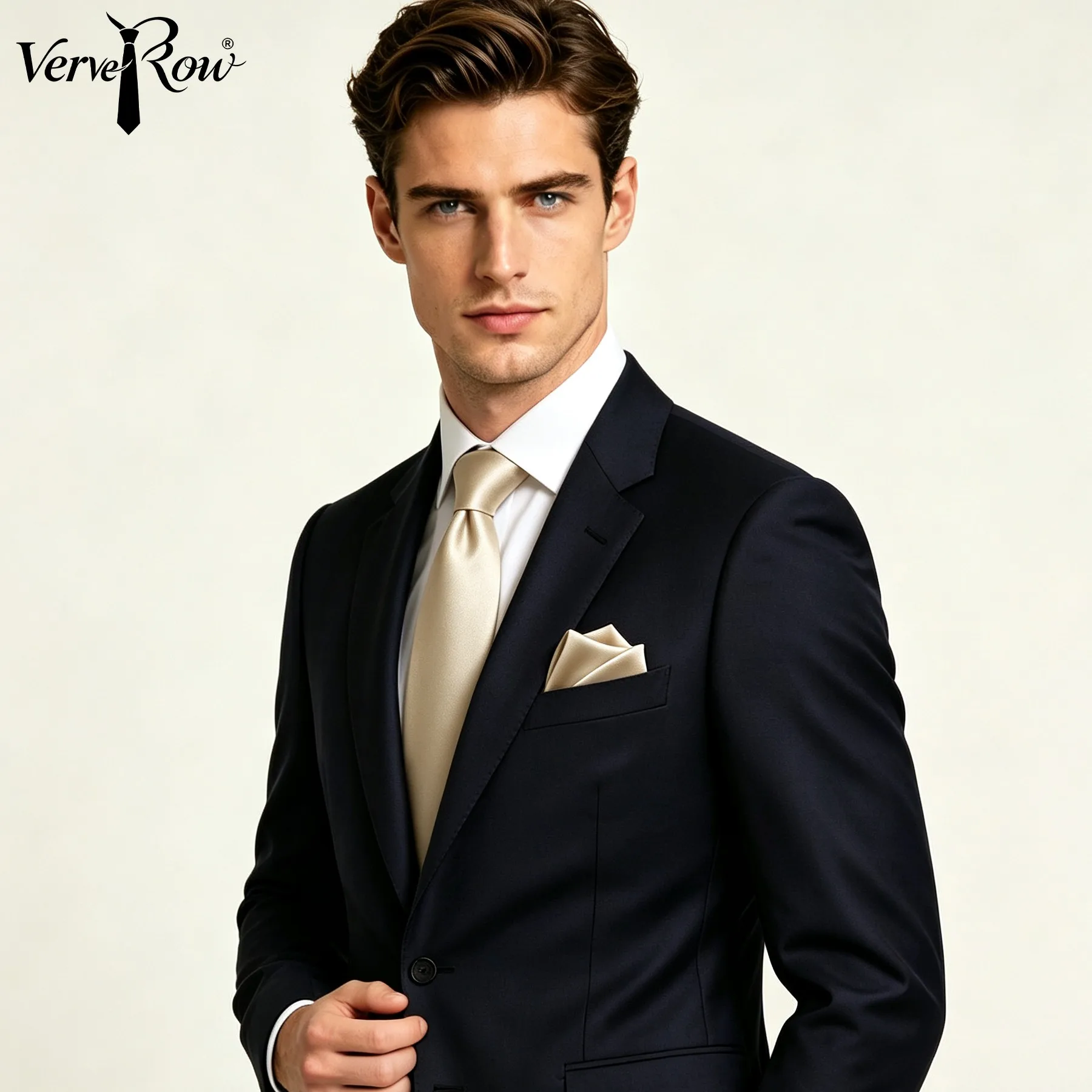 VERVEROW Champagne Solid Necktie Set with Pocket Square Mens Formal Neckwear Wedding Business Suit Accessory