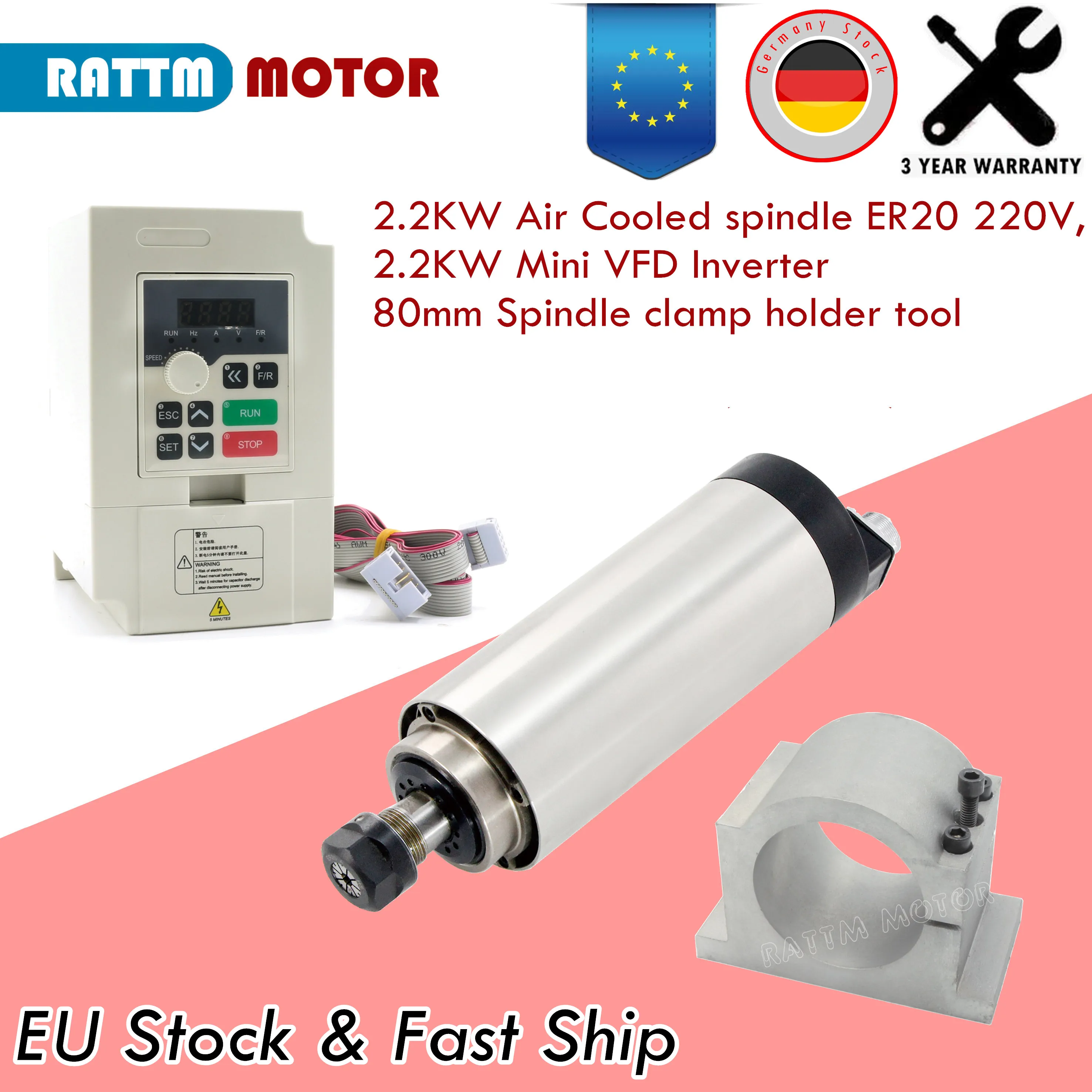 

〖EU Stock〗CNC Router Spindle Motor 2.2Kw ER20 220v Air Cooling Spindle Motor 80x195mm 4Bearings 3PH Inverter 80mm Spindle Clamp