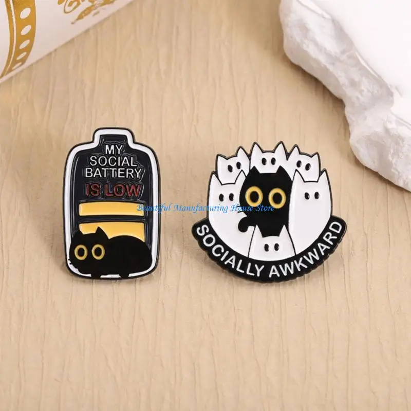 

E56A Pin With Adorable Black Cats Low Battery Symbol Emotion Communication Tool