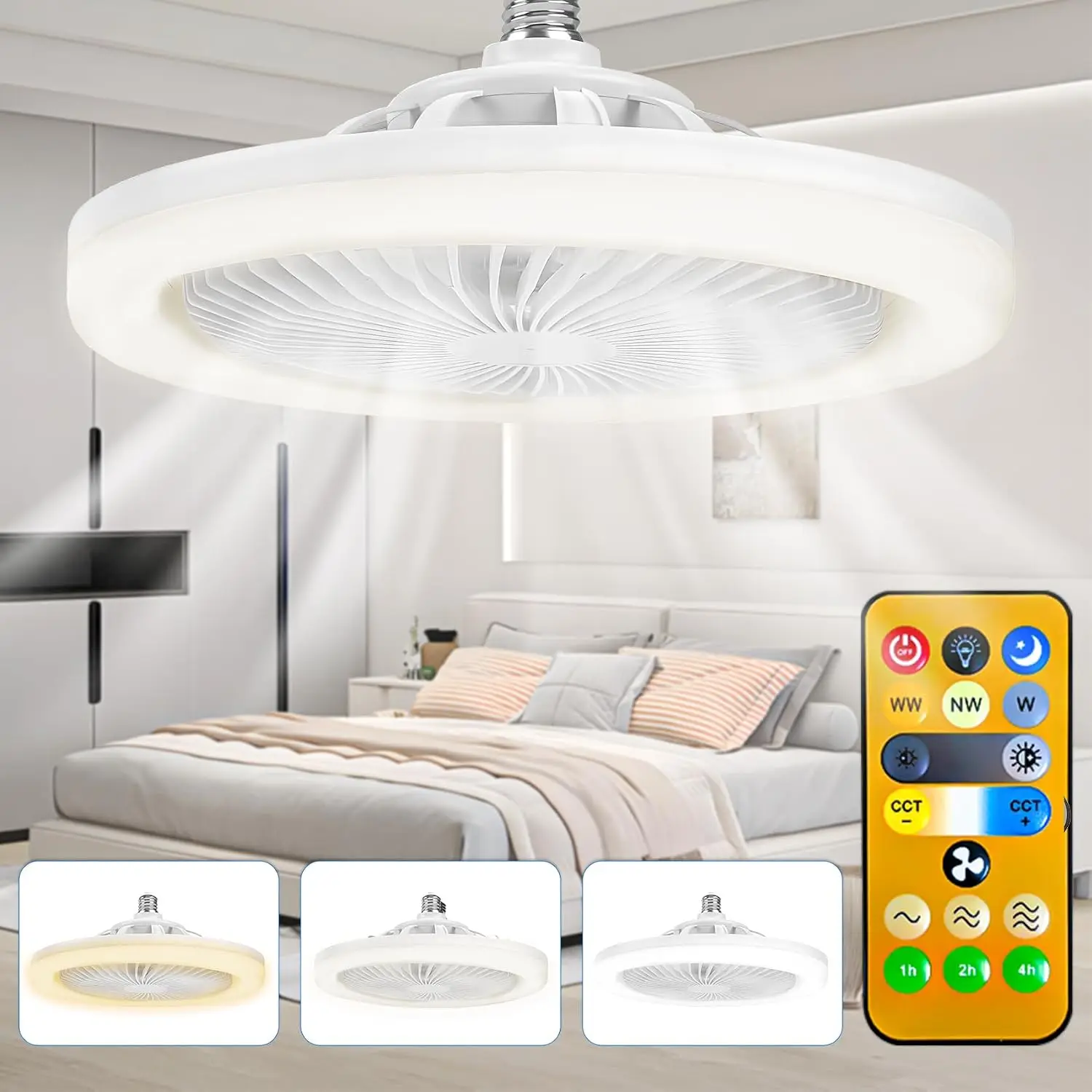 30W Ceiling Fan E27 With LED Light And Remote Control 3 Colors Silent Fan Lamp 3 Fan Speed For Living Room  AC 85-265V
