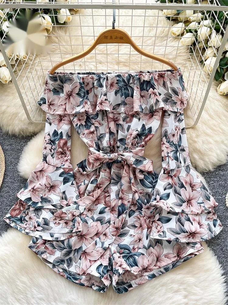 

Off Shoulder Print Rompers Lace Up Long Sleeve Slim Belt Newest Bodysuits Summer Ladies Ruffle Chic Vacation Playsuits