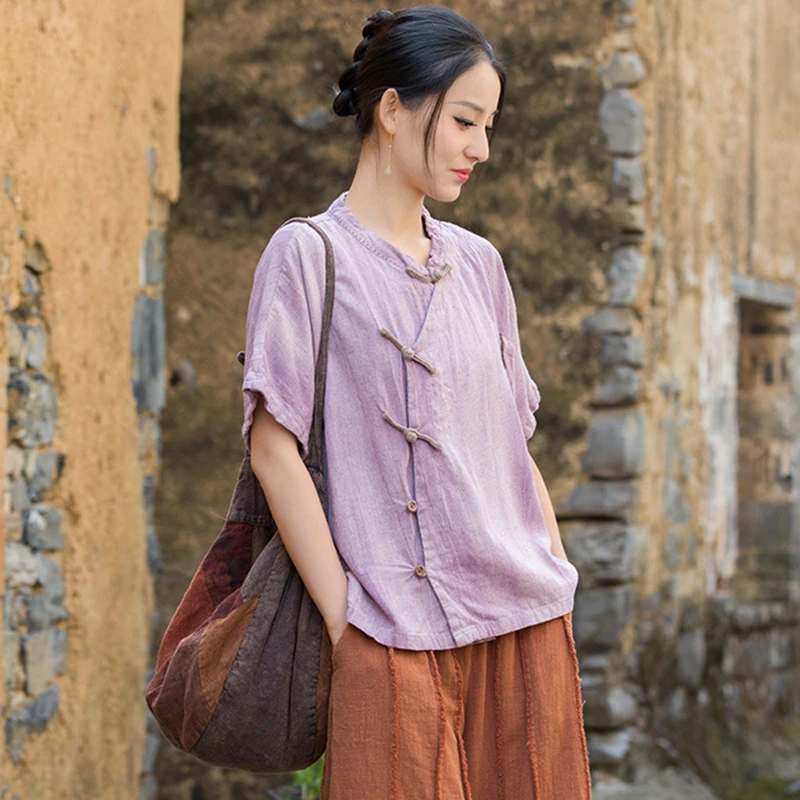 Femmes coton lin chemise décontractée nouveau 2025 été Style chinois Vintage col montant ample femme à manches courtes hauts chemises M1307