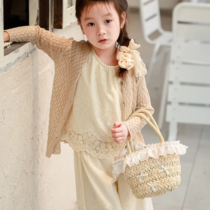 Cute Decorative Bag Tote Bags Sweet Baby Bucket Bag Fashionable Straw Woven Children Handbag Mother Kids Bags for Girl Beach Bag