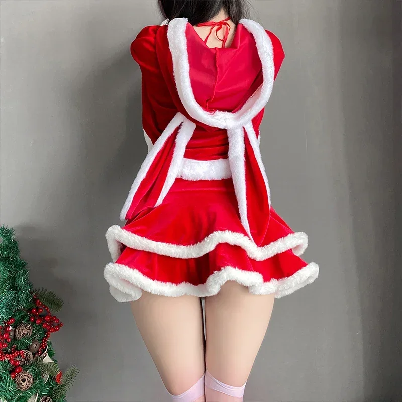2025 New Red Velvet Christmas Woman Bunny Girl Uniform Sexy Lingerie Halloween Xmas Party Nightclub Dance Performance Dres RQR56