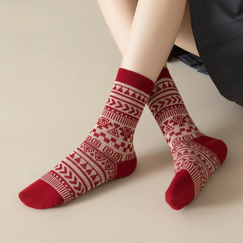 6 Pairs Happy New Year Socks for Women Combed Cotton Fashion Red Christams Sock Sets Female Winter and Spring Double Needle Sock