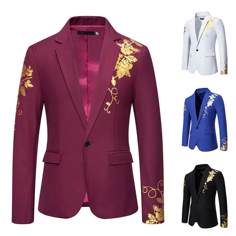 

Red Gold Embossed Print Slim Fit Casual Suit Jacket for Men Wedding Best Man Nightclub Bar DJ Performance Clothes