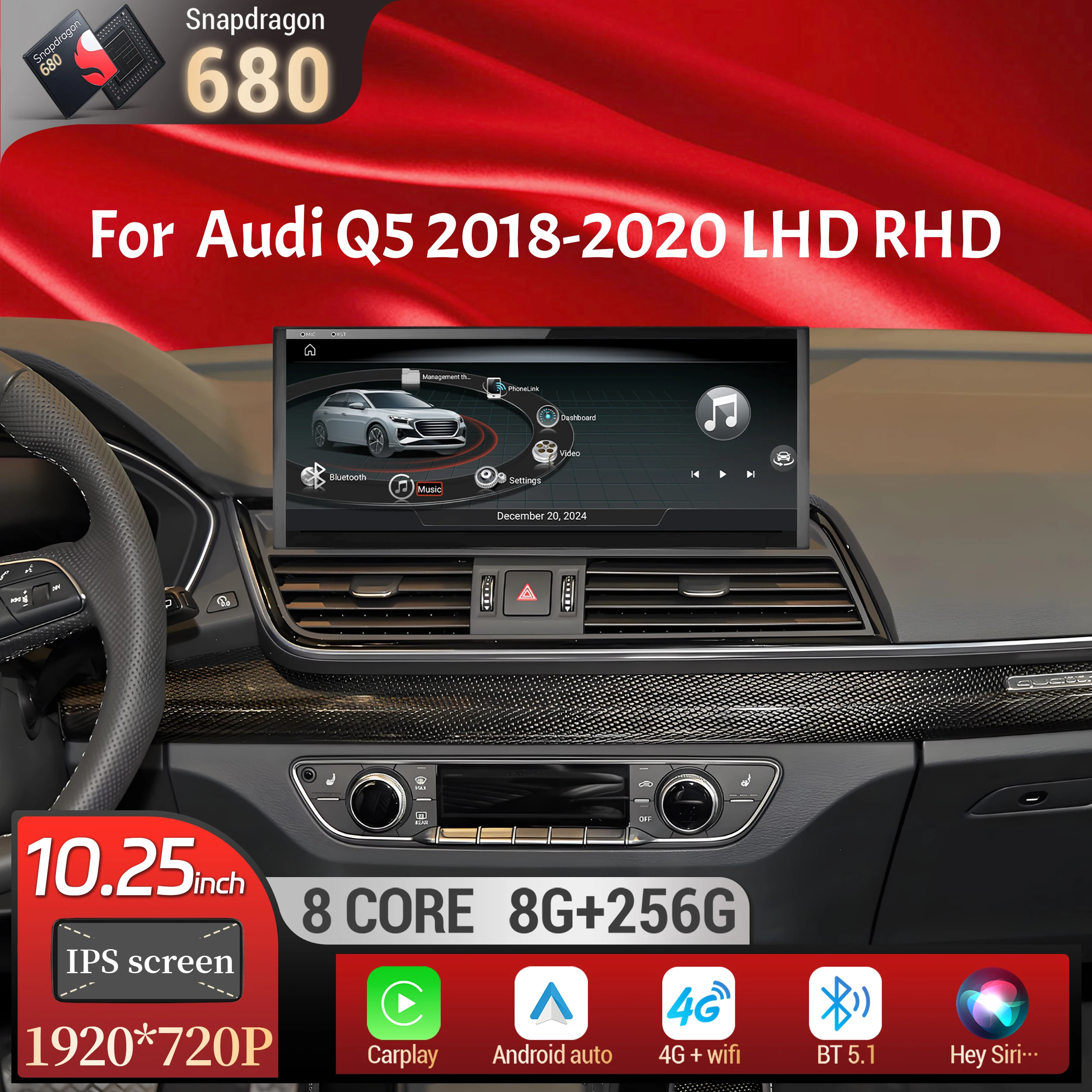 

10.25 inch Android 14 For Audi Q5 2018-2020 Car Radio Wireless Bluetooth Carplay Qualcomm Snapdragon 680 Touch Head Unit Screen