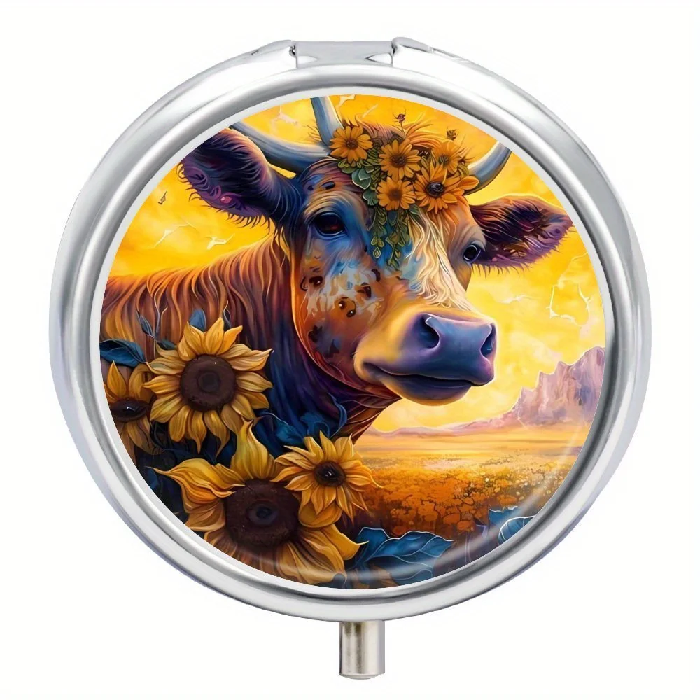 Sunflower Cow Decorative Pill Case with 3 Compartments-Portable Medicine Vitamin Organizer,Unique Metal Pocket Box for Travel