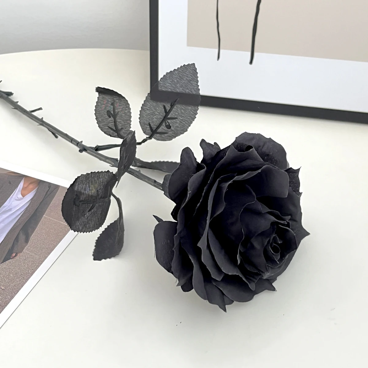 1pc Pure Black Rose Mock Bouquet Halloween Horror Gothic dark decor immortal flowers  Plastic Flowers