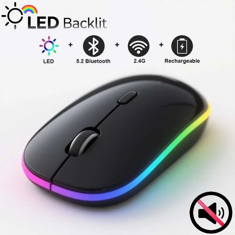 

Двухрежимная беспроводная мышь, перезаряжаемая, бесшумная, светоизлучающая, ПК, портативный компьютер, приемник 2,4 ГГц, Bluetooth, двухрежимная оптическая мышь