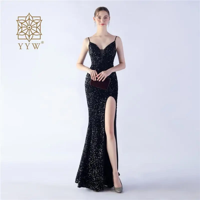 Pink Women Maxi Dress Evening Strap Sling Sexy Mermaid Ball Gown Female Deep V Sequins Glitter Backless Robe Gold Shiny Vestidos