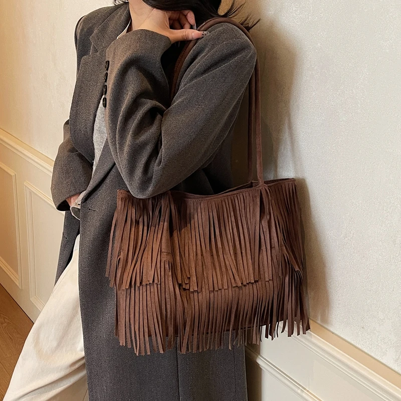 

Women's Vintage Suede Tassel Shoulder Bags, Large Capacity Tote Bag for Office Work Commute, Fashion Retro Hobo Purse for Girls