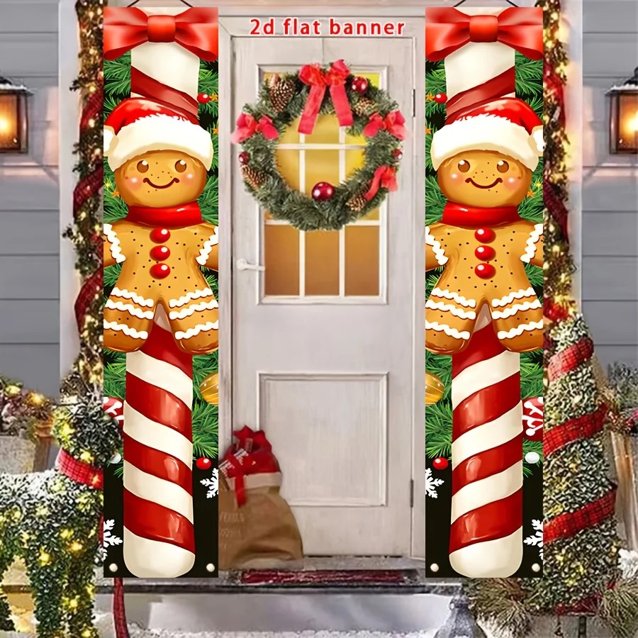 1 Paar – Weihnachtsbanner – Polyester, Lebkuchenmann mit Weihnachtsmütze und rotem Schal, rot-weiß gestreiften Bonbonsticks