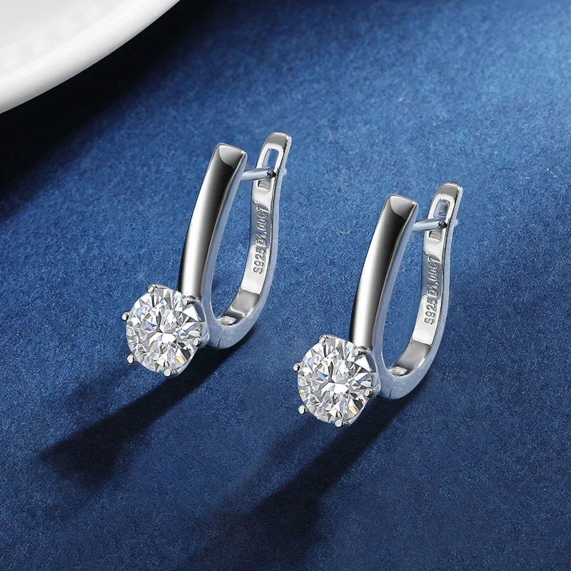 Moissanite Hoops Earrings 100% Real 925 Sterling Silver 6.5mm D Color Single Stone Six Claw U-shaped Earrings For Women