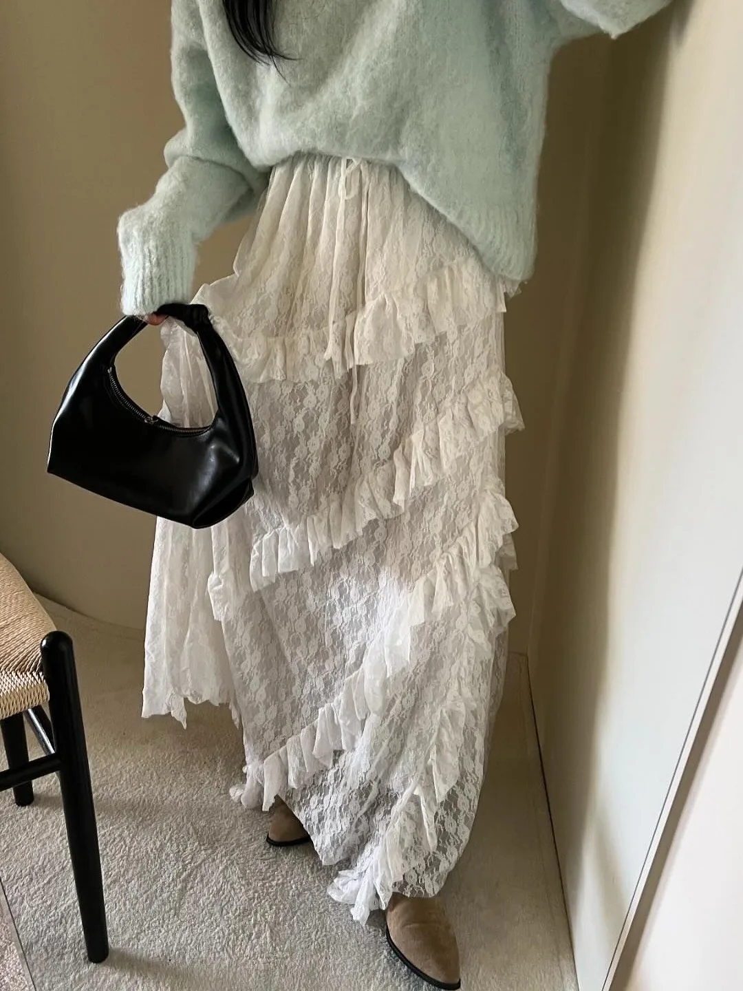 

Chic High Waist Lace f Skirt Long Dr Women's Sle Tied Gown Asymmetrical Hem Commute A-Line Silhouette Other Material