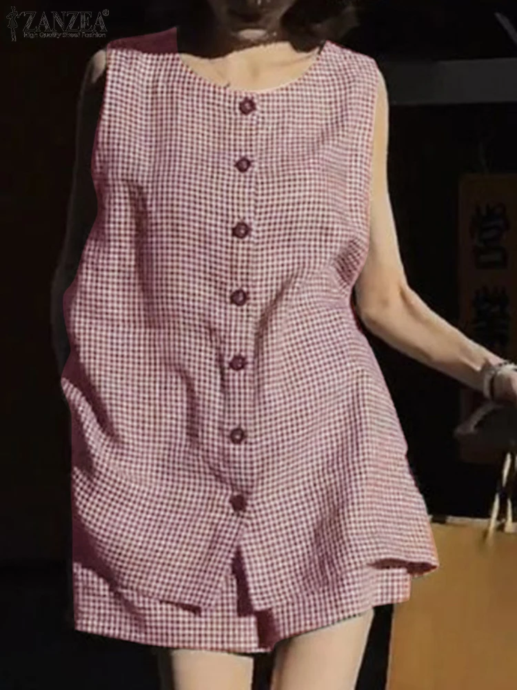 ZANZEA إمرأة عادية القماش القطني 2 قطعة مجموعات س الرقبة بلوزات بلا اكمام مرونة الخصر السراويل 2 قطعة وتتسابق خمر ملابس يوم مجموعات قصيرة