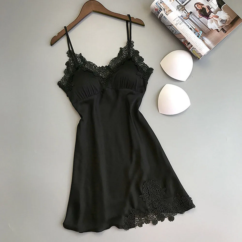 Sexy Nightdress Women V Neck Spaghetti Strap Satin Embroidery Nightgown Bathrobe Female Comfortable Homewear With Chest Cushion