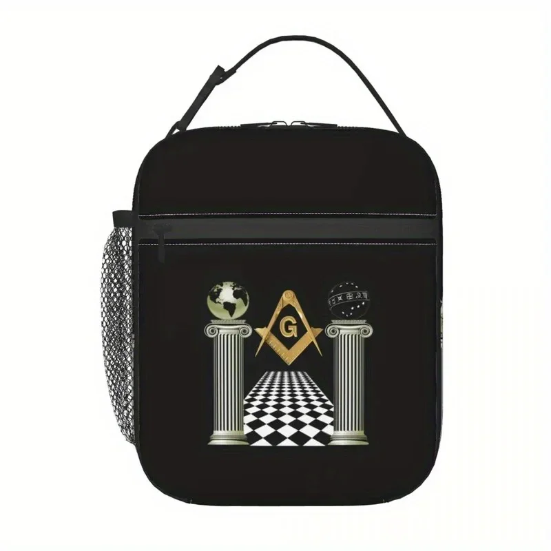 Boaz and Jachin Solomon'S Temple Portable Lunch Box - Leakproof Thermal Insulated Cooler Bag with Masonic Design, Durable Oxford