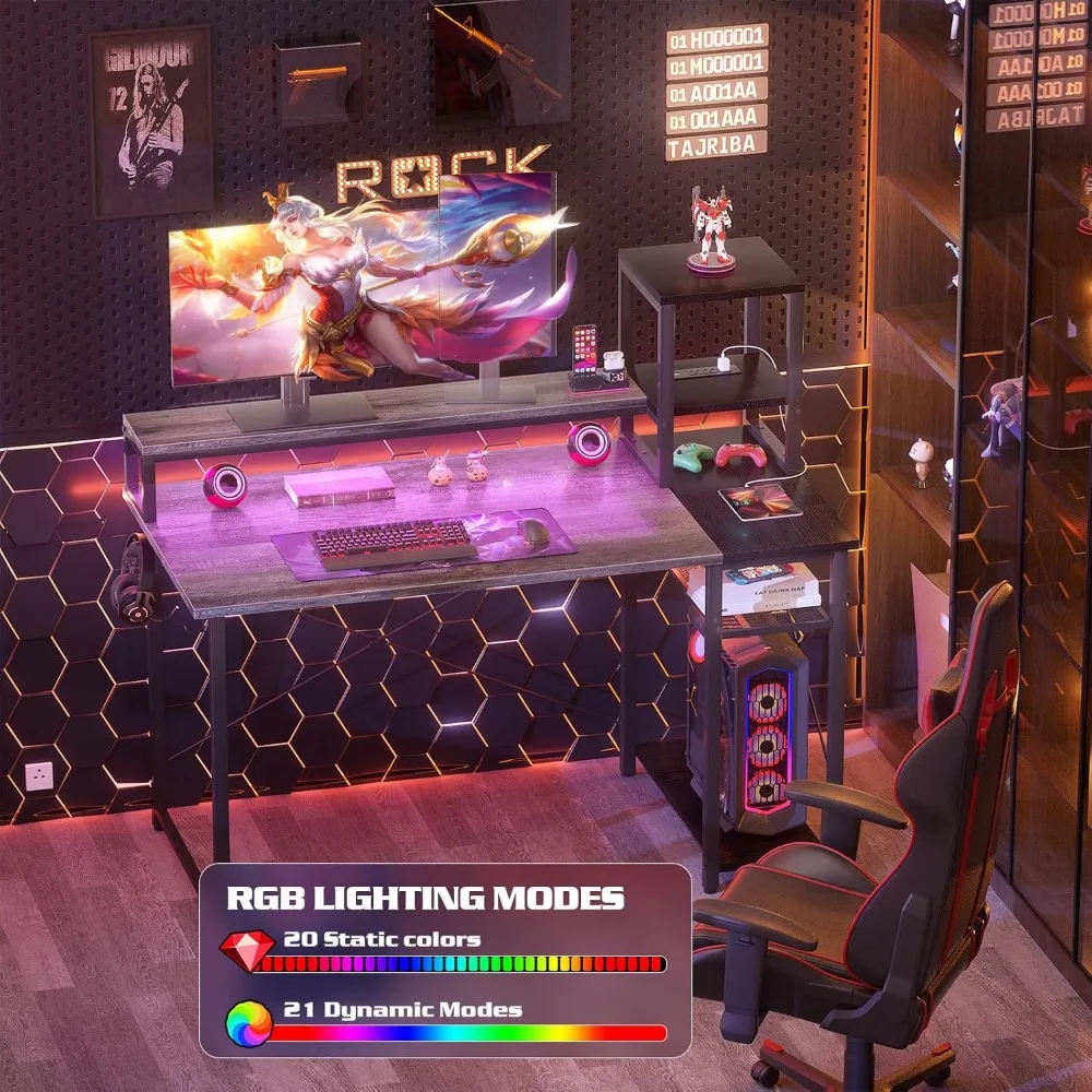 LED-Illuminated Gaming Desk, Long Monitor Stand, 40 Reversible Laptop Table with Storage Space for Computer Accessories