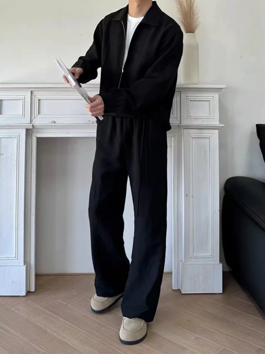 بنطلون صيفي شبابي خفيف الوزن بتصميم ريترو أمريكي من الكتان المغسول ذو ملمس مجعد على شكل حرف A ورباط كاجوال فضفاض للتنقل