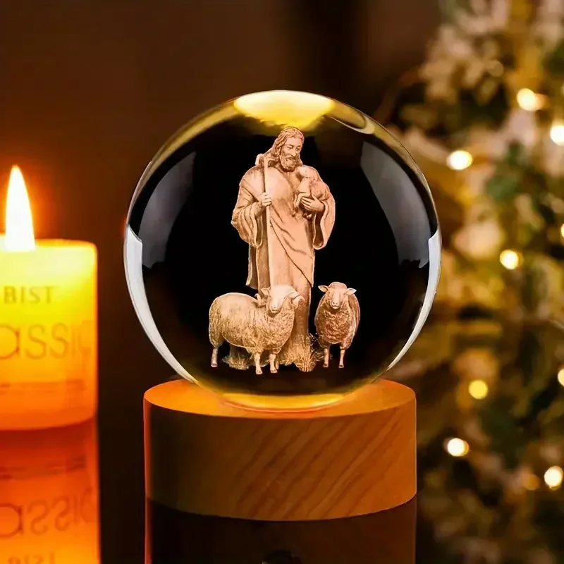 1 PC 3D Shepherd's Crystal Ball Nightlight,เลเซอร์แกะสลักรูปปั้นทางศาสนาของที่ระลึกตกแต่ง,รูปปั้นตกแต่งบ้าน