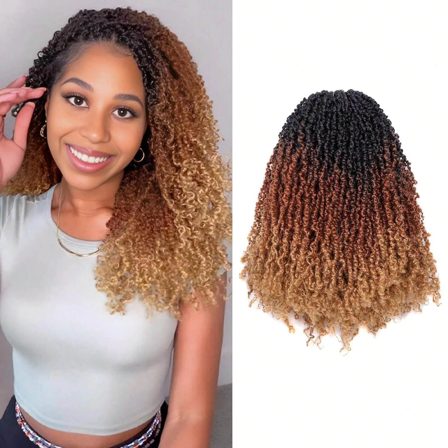 10/12Inch Black Pre-looped Yanky Twists Crochet Braids Ombre Brown Bohemian Spring Twists Hair with Curls Synthetic Extensions