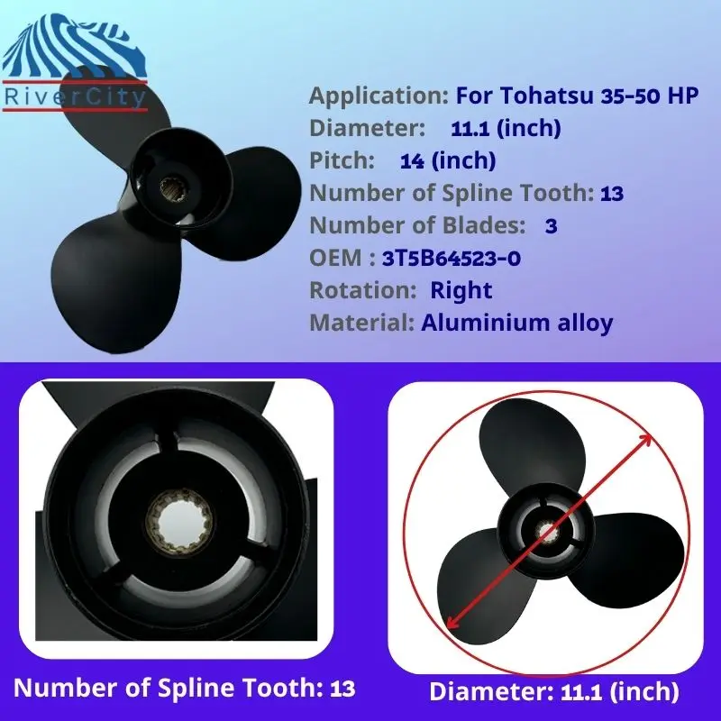 For Tohatsu 35hp 40hp 45hp 50hp Outboard Propeller 11.1*14 Boat Motor Aluminum Screw Ship Marine Engine 3 Blade 13 Spline