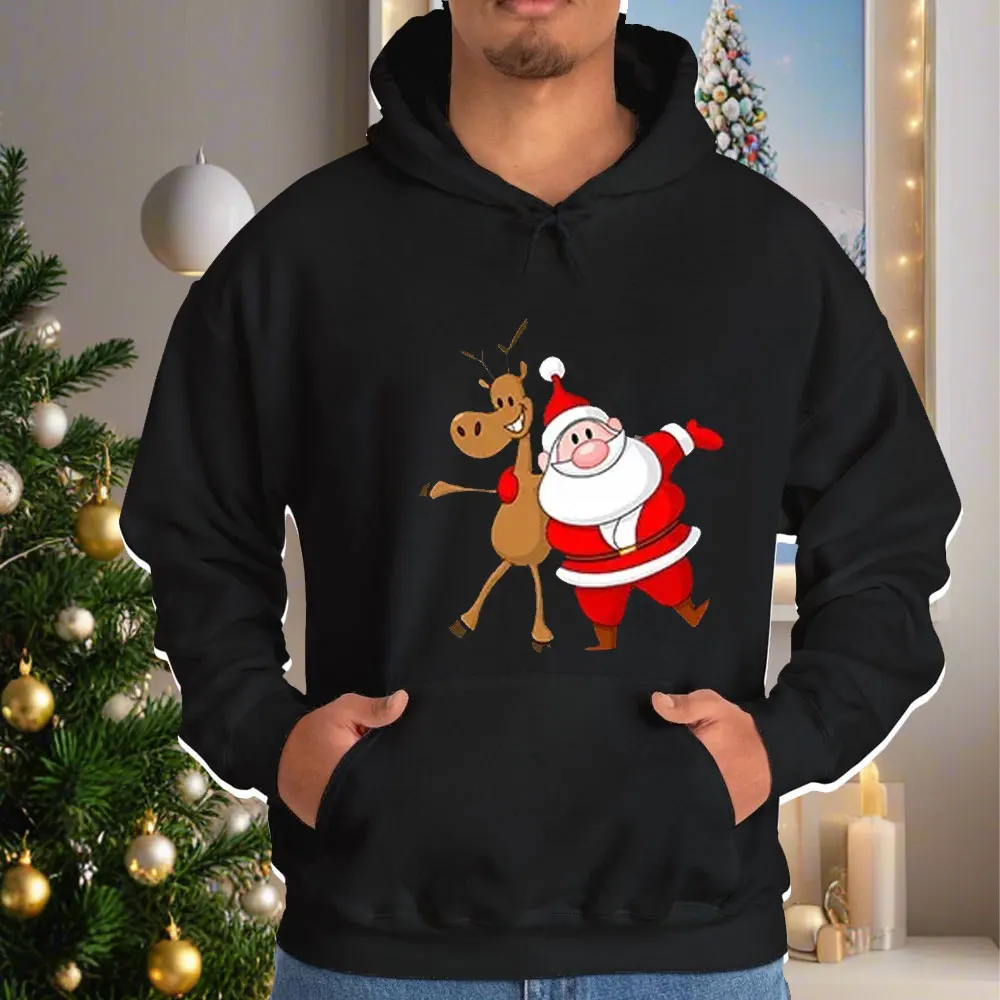 

2024 New Merry Christmas Men Hoodies Santa Claus Reindeer Print Graphic Casual Pullover Holiday Party Warm Autumn Hoodie.