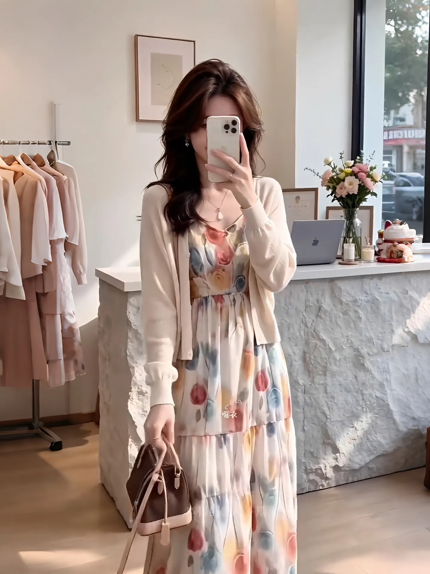 

Unique Beautiful Floral Print Summer Dress Women's Long Sleeve Cardigan Top Two-Piece Set Breathable Comfortable Commute Style
