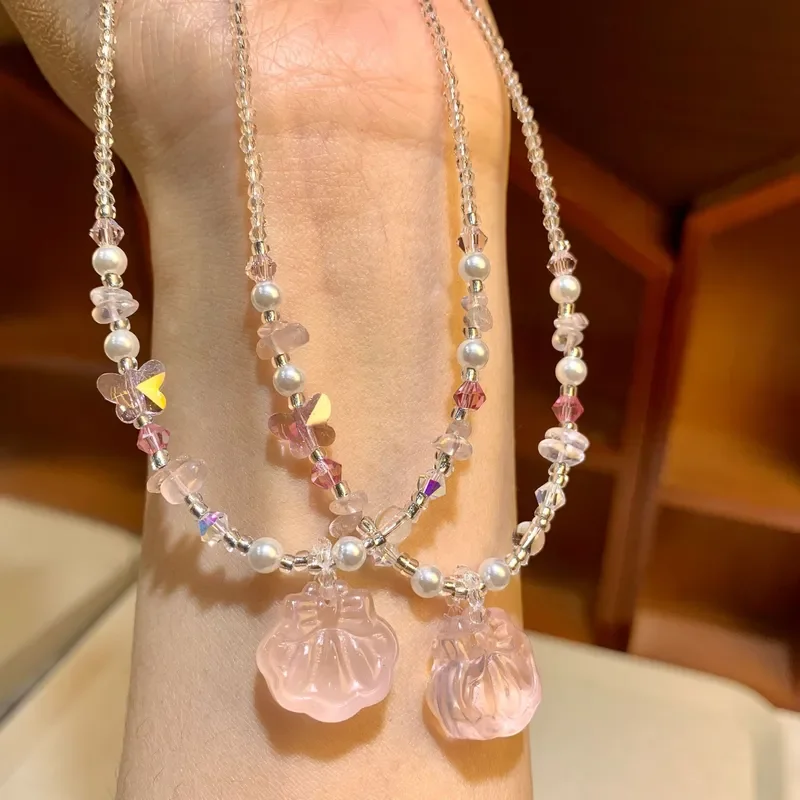 Crystal necklace beaded sweet cute neck chain spring outing accessories powder sea shell bow shell collarbone chain