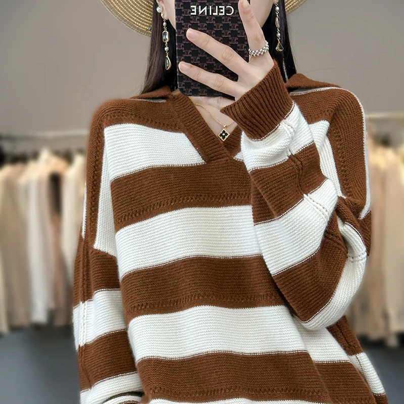 New% sweater in autumn and winter women'sstriped color matching sweater with loose knit bottoming shirt