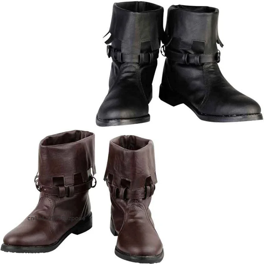Retro Men Medieval Cosplay Ankle Boots Faux Leather Buckle Design Pirate Footwear Carnival Party Fancy Dress Historical Shoes
