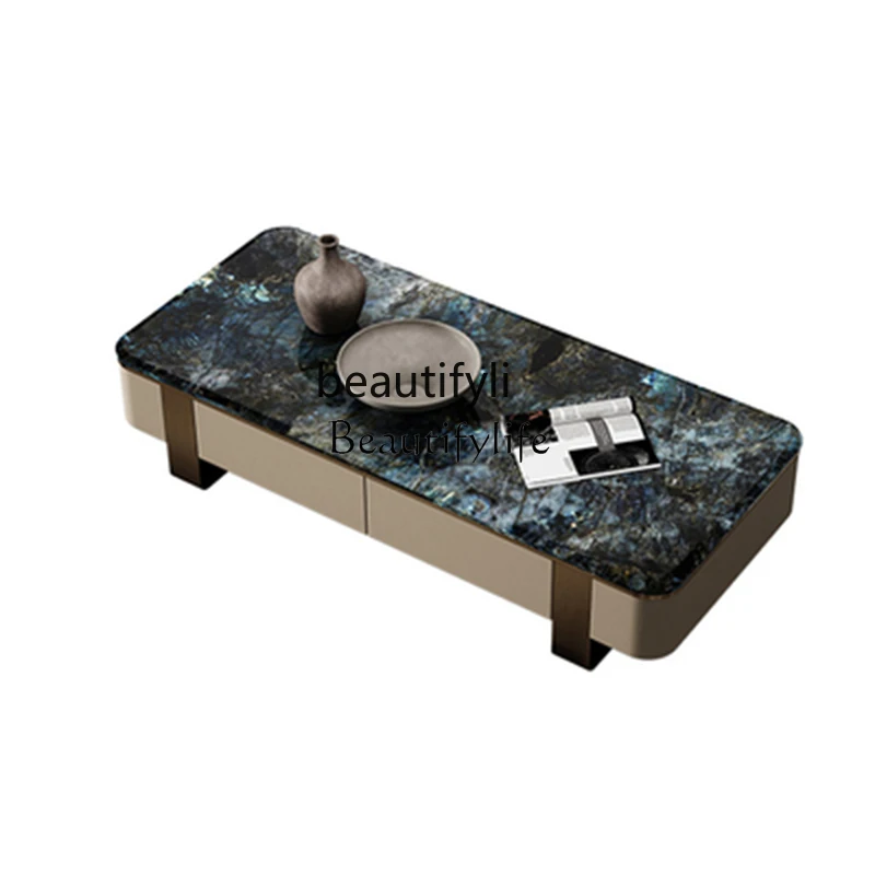 Natural Marble Tea Table Italian Style Light Luxury Microlite Stainless Steel Tea Table Living Room Home Combination