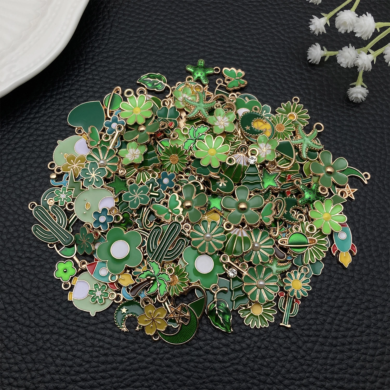 20/50/100pcs Forest Green Enamel Charm Collection! (Flowers, Clovers & Cacti) - Perfect for DIY Bracelets & Necklaces