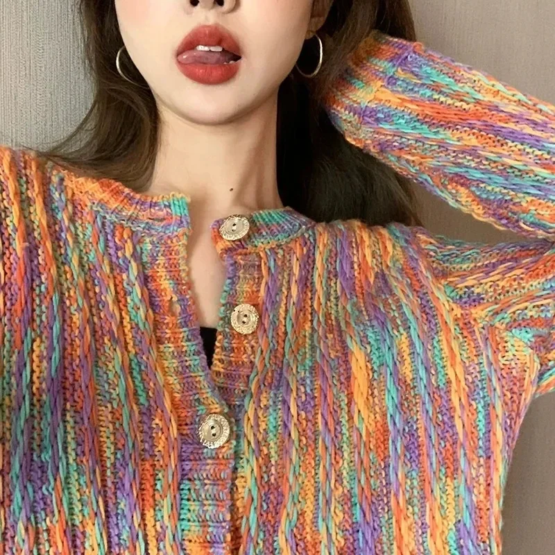 New Rainbow Color Cardigan with Buttons 2024 Autumn Winter Korean Fashion Long Sleeve Knit Cardigan Women Loose Sweaters