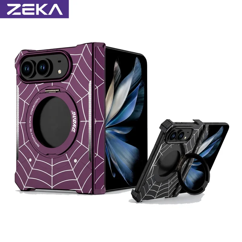 ZEKA Luxury Metal Case for iPhone Duo Foldable Phone Magnetic Cover Kickstand Holder Shockproof Armor Protective Case Full Cover