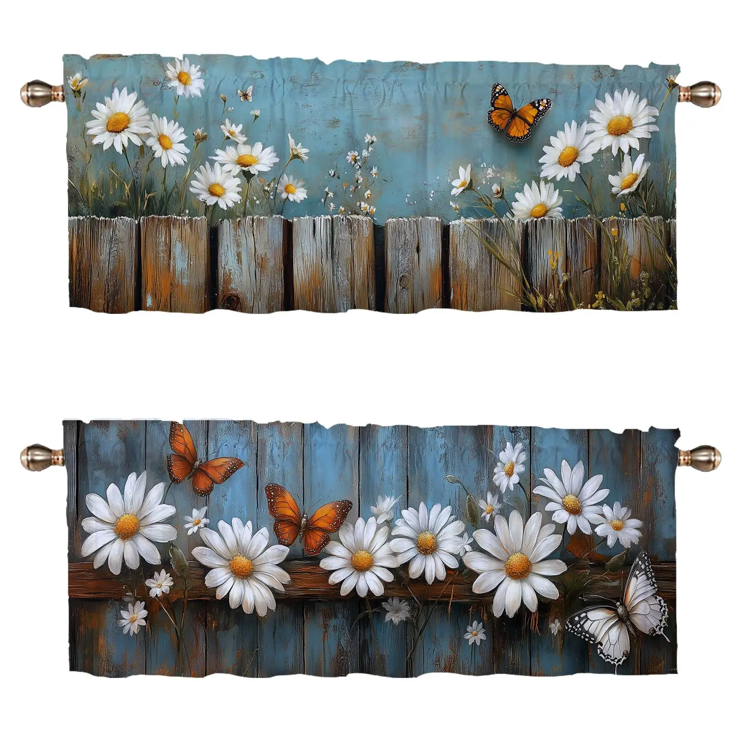 Floral Daisy Butterfly Valances Curtains for Kitchen Windows 2 Pack Farm Vintage Rustic Flower Valance for Bedroom  Bathroom