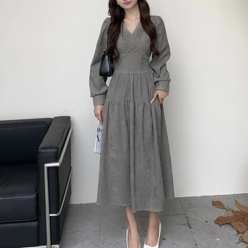 MiiiiX Office Lady Elegant V-neck Waist Long Dress Women 2024 Autumn New Folds Design Solid Loose Corduroy Dress Female Clothes